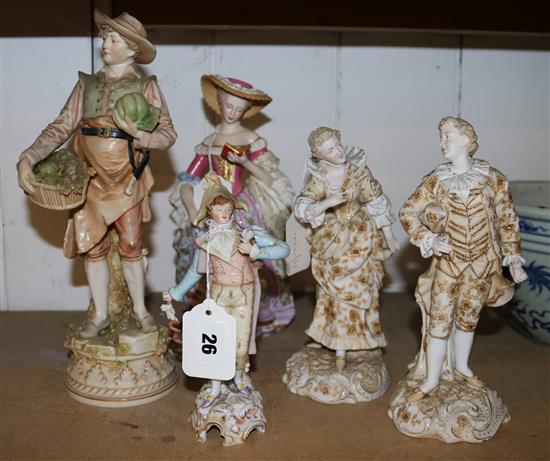 Royal Dux-style figure of a street vendor, Volkstedt gallant and companion (1 a.f.) & 2 other porcelain figures (5)